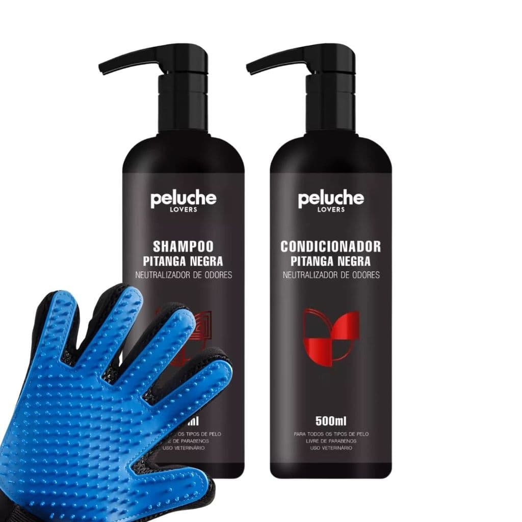 Kit Shampoo Condicionador Pitanga Negra Peluche 500ml Remove Odores Cães Gatos + Luva Tira Pelos