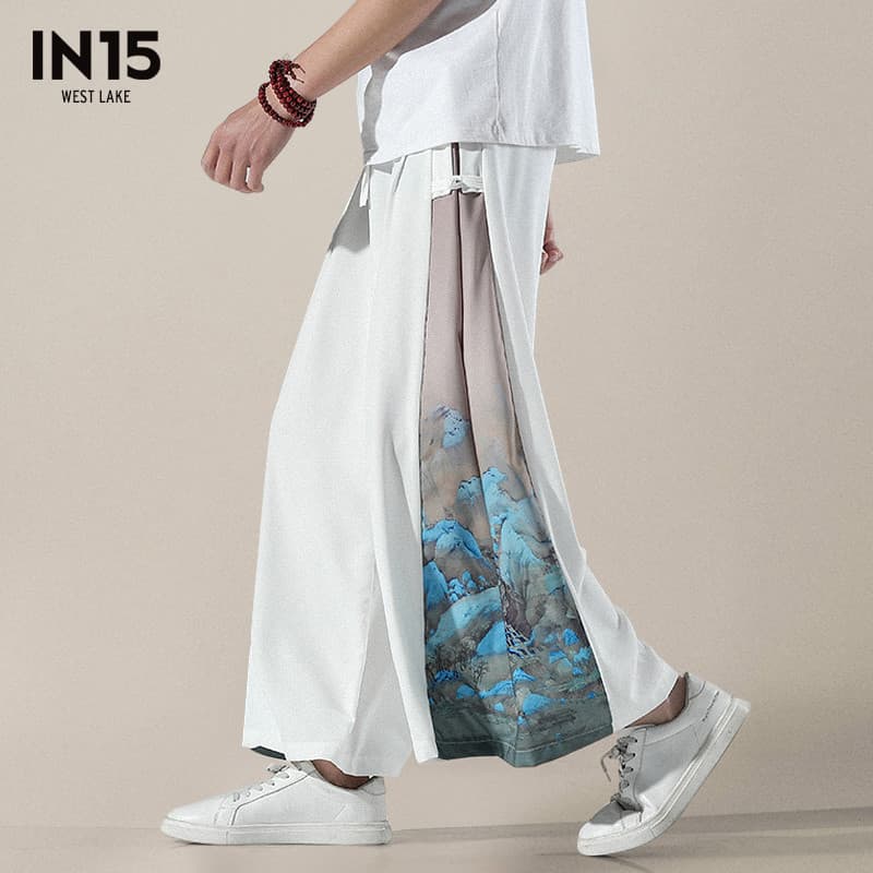 Estilo chinês tinta impressa calças de perna larga tornozelo-perna calças masculinas estilo fino seda gelo calças casuai