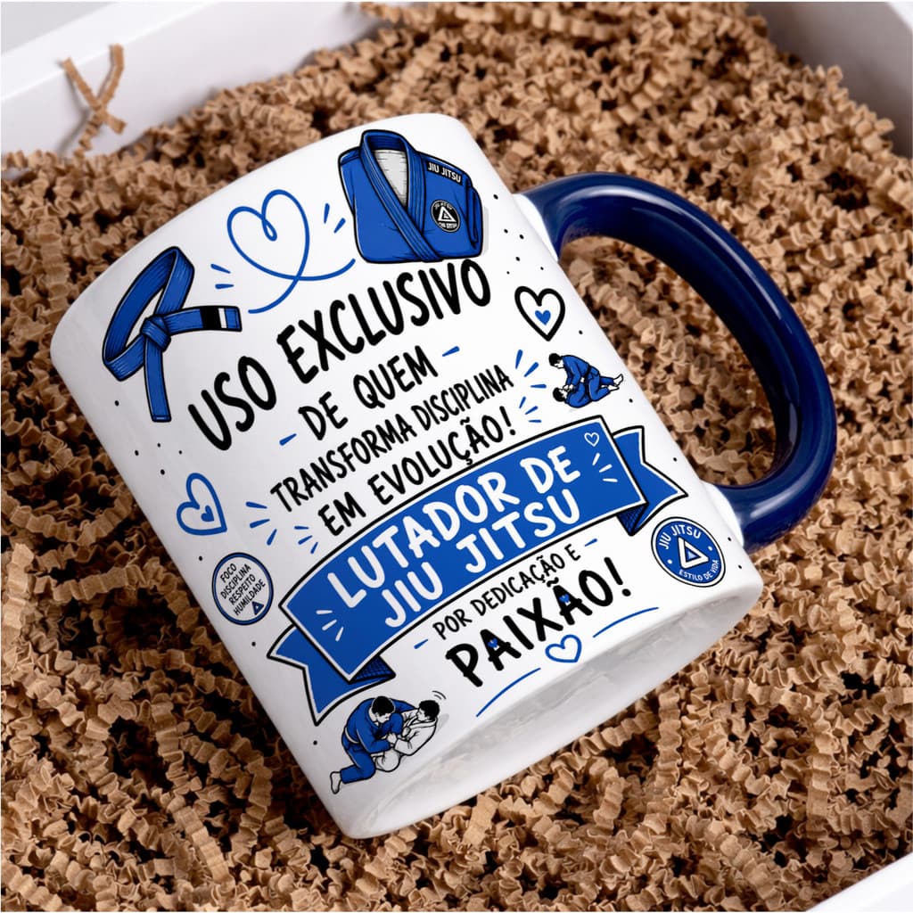 Caneca Porcelana Lutador de Jiu Jitsu Faixa Academia Tatame