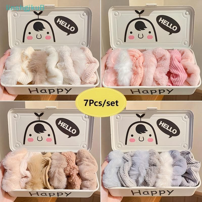 [lLinshgjkuB] 7 Unidades/Conjunto Moda Doce Peludo Cabelo Elásticos Suporte De Rabo De Cavalo Laços De Borracha Para Mul