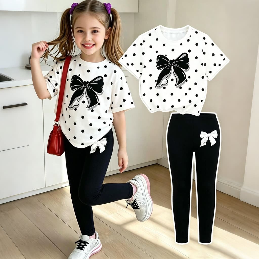 Doce Estilo Princesa Crianças Terno De Verão Adorável Cereja Grande Arco Camisetas Gráficas Emparelhados Com Leggings Im