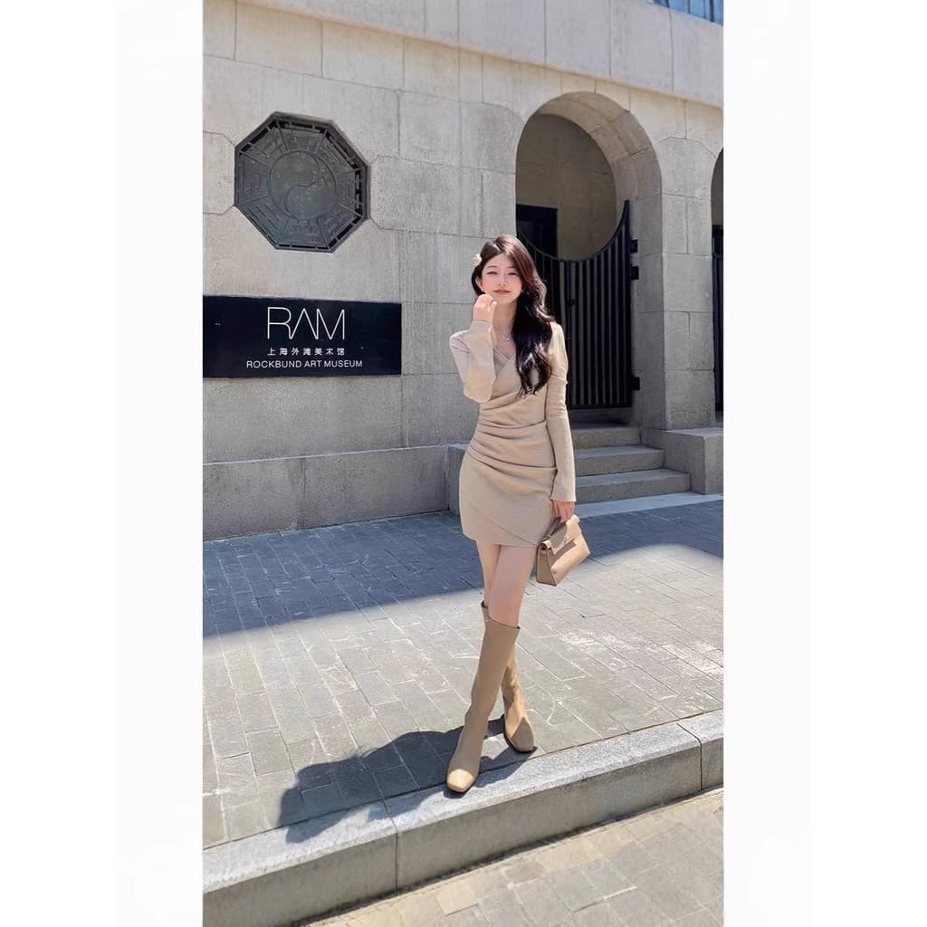 Vestido de primavera de corte justo estilo francês, design de alta qualidade, mangas compridas, elegante e charmoso MG23