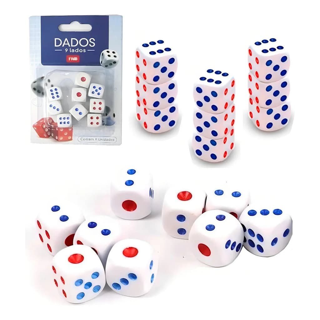 Conjunto Dados Rpg 13mm 9 Unidades Jogos Ponto Vermelho Azul Cor Braco
