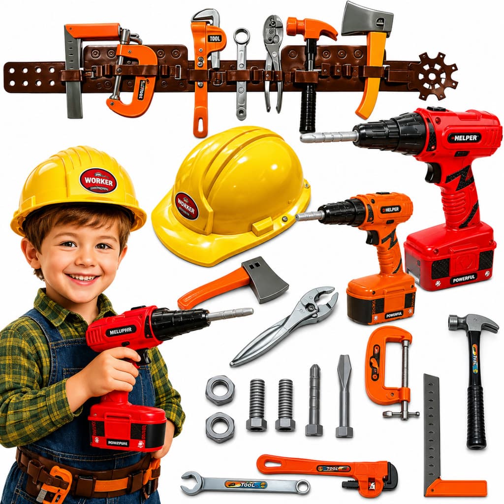 Kit Ferramentas Brinquedo Infantil Furadeira E Parafusadeira Capacete Cinto Engenheiro Peças Envio