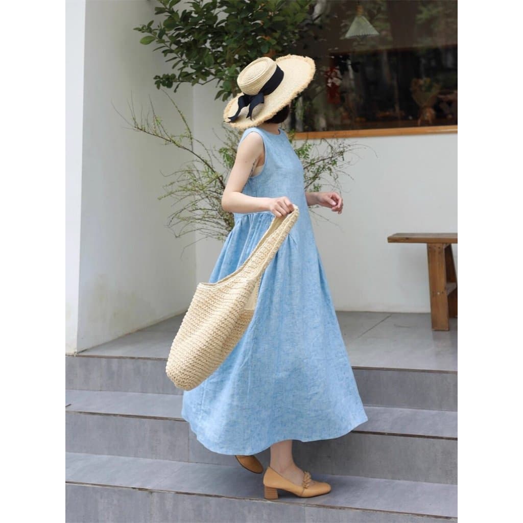 Zimo Qinghe ~ Nicho francês fresco azul linho colete saia feminina solta grande balanço estilingue vestido de linho de a