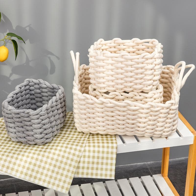 Cesta tecida à mão estilo nórdico, corda de algodão grossa, cesta de armazenamento simples, lanche, chave, cesta de arti
