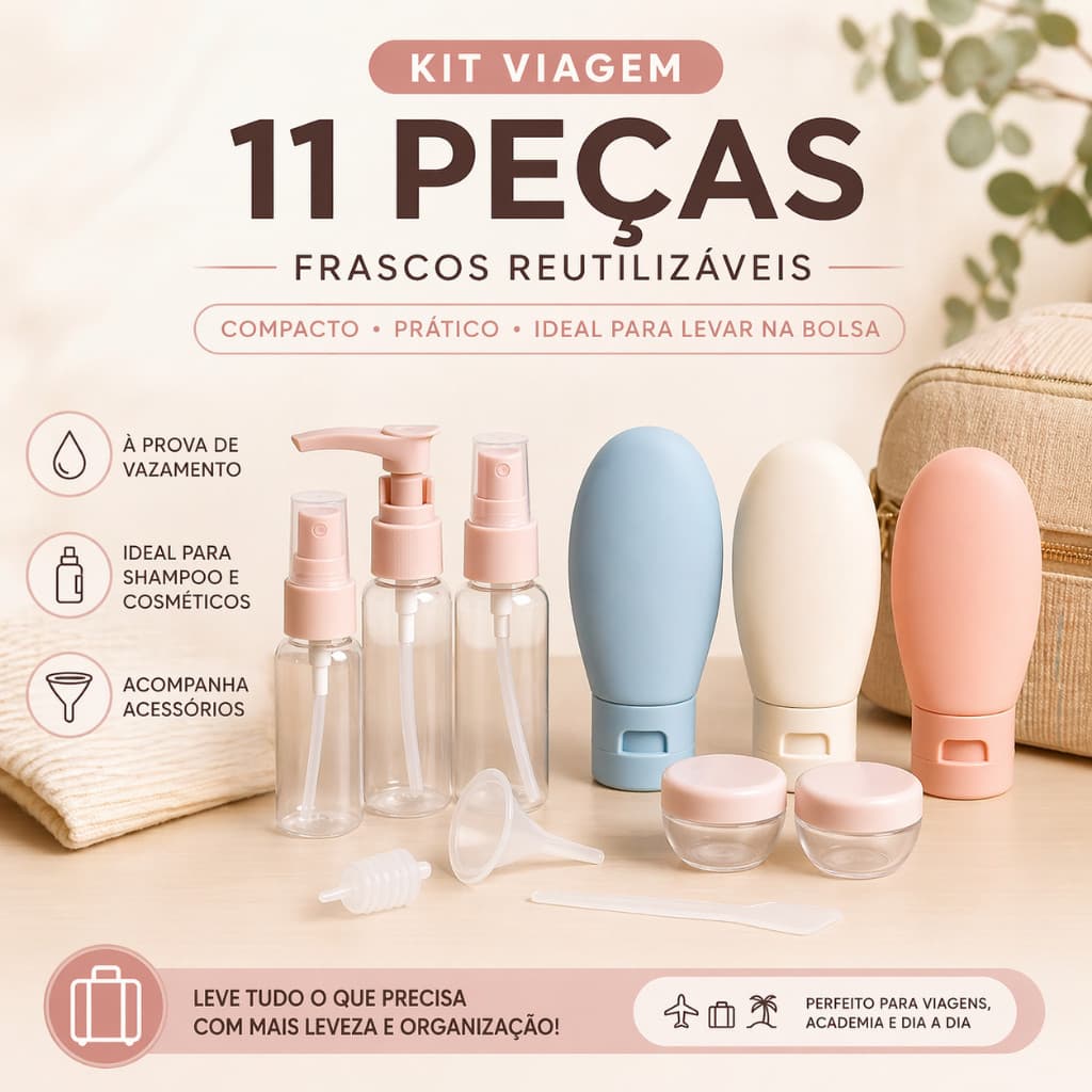 Kit Frascos Para Viagem Reutilizáveis com Estojo Prático para Transporte de Higiene Pessoal Viagem