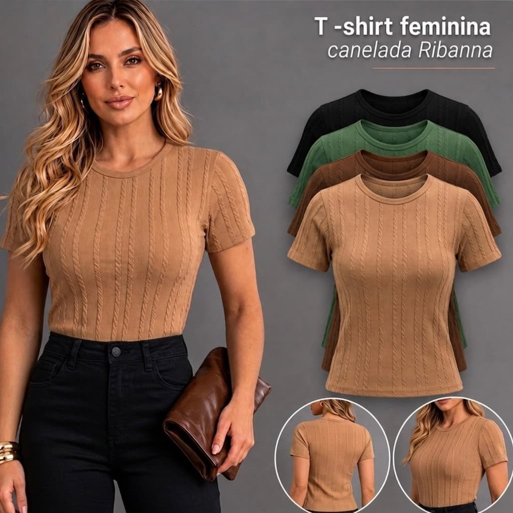 Blusa Feminina Ribanna Premium Basica Feminina Lisa Elegante Blusa Manga Curta Tecido Canelado T-shirts Camiseta Social