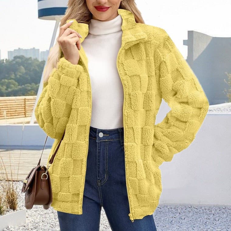 Casaco de Lã Feminino com Gola Alta e Zíper, Inverno 2026, 0UJF 6PER