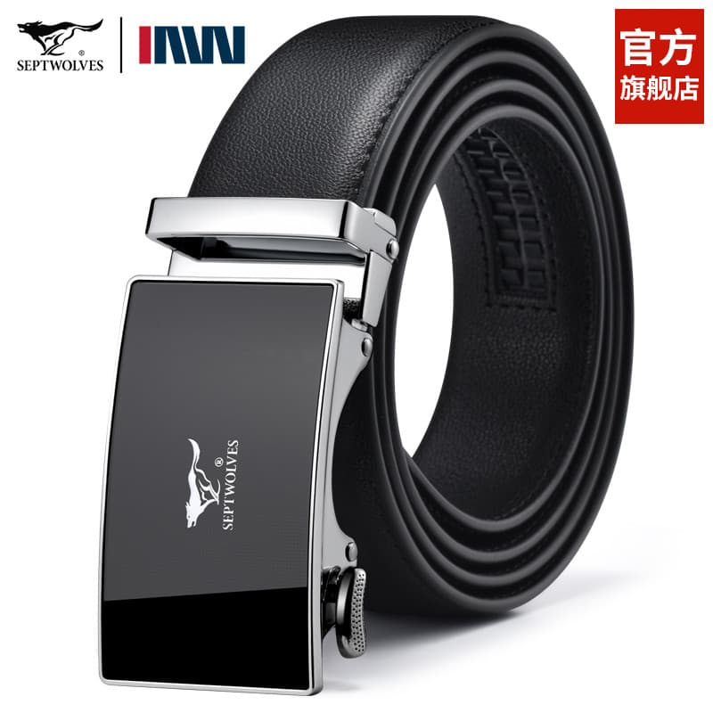 Sete lobos cinto masculino de couro genuíno simples jovens fivela automática calças cinto negócios Casual cinto de couro
