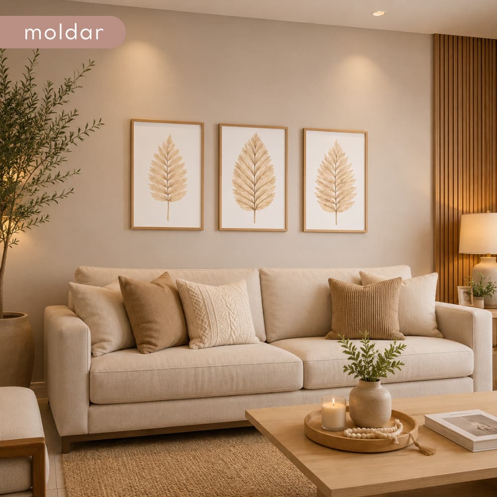 Kit Quadros Decorativo Mosaico 32X25cm com 3 peças MDF Folhas Moderno Para Sala Quarto Escritório