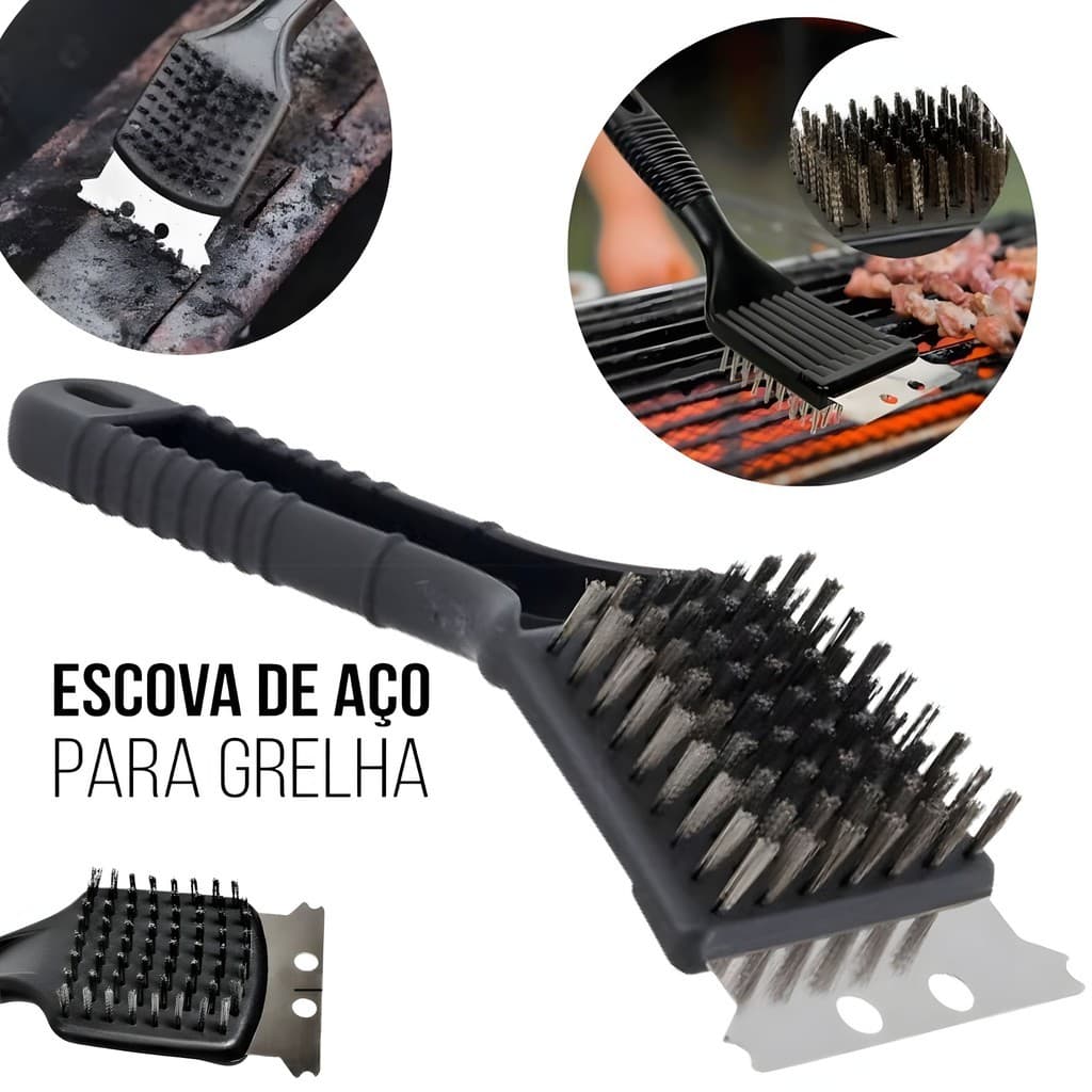 Escova Limpa Grelha Churrasqueira De Aço Inox Com Raspador