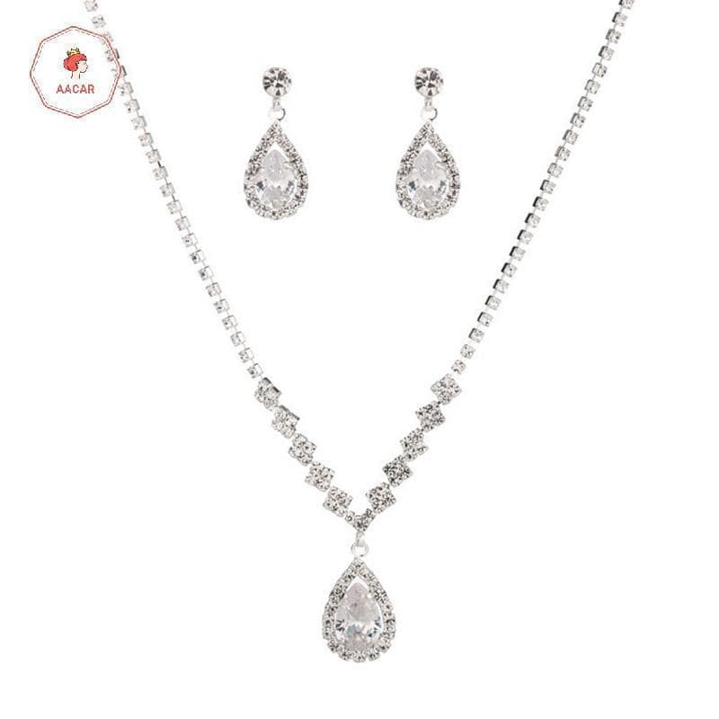 AACAR Vintage Crystal Waterdrop Pingente Nelace Brincos Conjunto De Joias De Casamento De Prata *