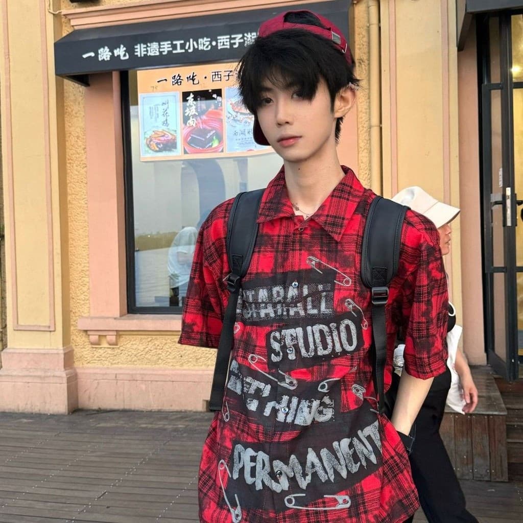 T Trendy All-Match American Retro Masculino Solto Xadrez Camisa de Manga Curta High-End Trendy All-Match Tempera