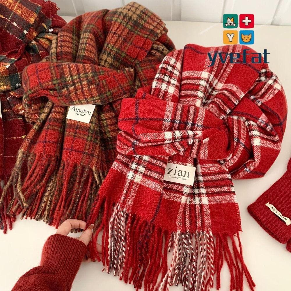 Lenço De Inverno YVEFAT , Lenços De Malha Grossa Xadrez Vermelha , Quente Da Moda , Ano De Natal