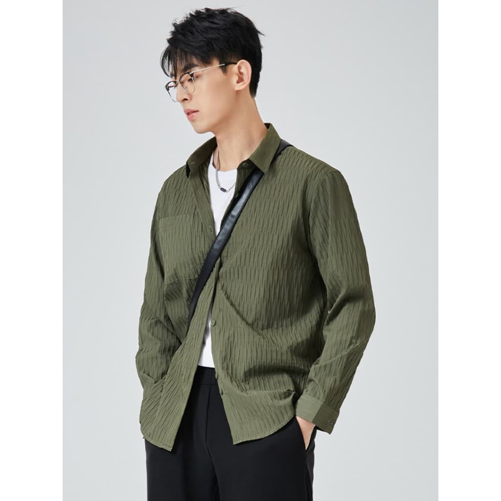 Versão coreana High-End folha rugas textura lapela não-ferro camisa de manga comprida masculina primavera outono Commute