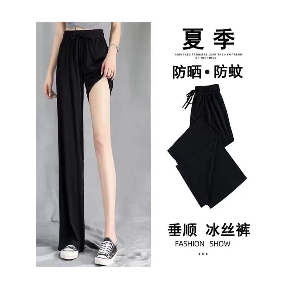 Perna Pick-up desconto roupas femininas de seda gelo calças de perna larga feminino verão cintura alta Drape preto calça