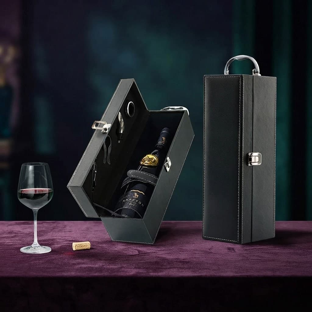 Kit Vinho 4 Peças Maleta Couro Sintético Presente Sommelier Saca-Rolhas Anel Anti-Gotas