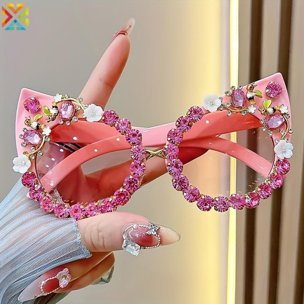 Óculos De Sol Olho De Gato Com Decoração De Flores De Strass De Festa Proteção UV400 Para Mulheres