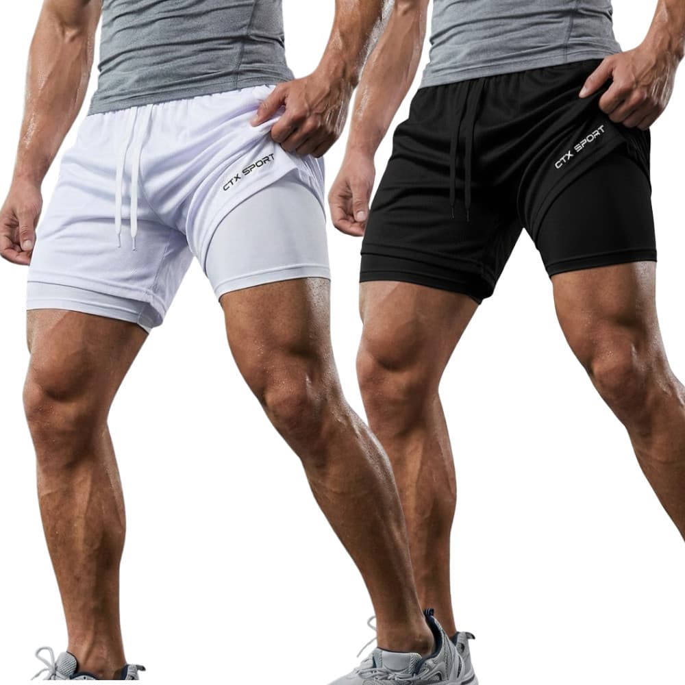 KIT 2 Bermudas 2 em 1 Masculina Academia Corrida Fitness c/ Compressão Treino Dry Fit 3 bolsos SPORT