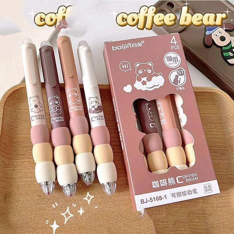 Conjunto de 4 Canetas Gel Apagáveis Kawaii Urso Café 0.5mm Preto e Azul, Material Escolar, Acessórios de Escritório, Lav