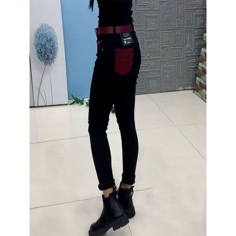 2025 outono inverno novo estilo preto bordado velo tornozelo comprimento Jeans magro feminino cintura alta S