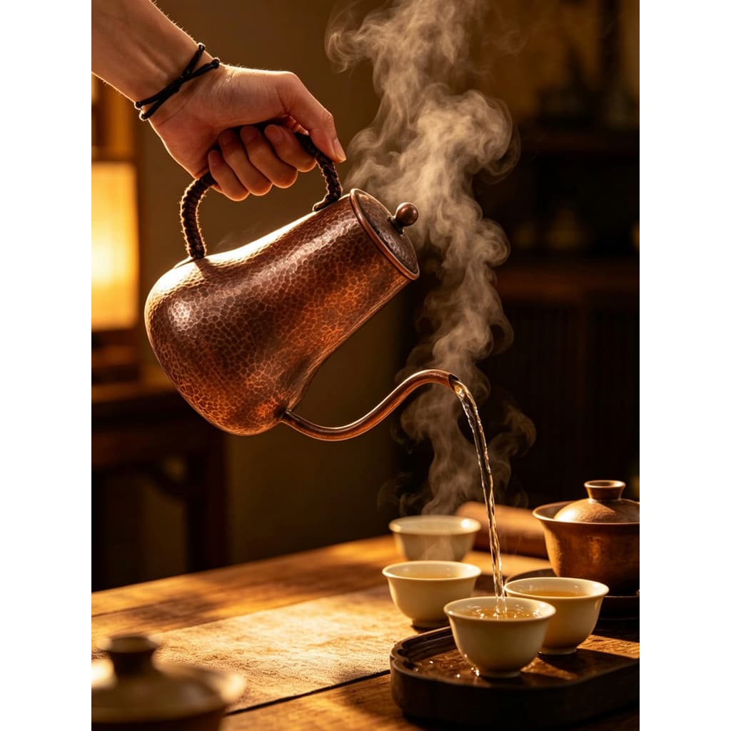 Bule de boca longa de cobre puro, bule de café feito à mão, três bocas curvas, chaleira de cobre puro, estilo retrô, est