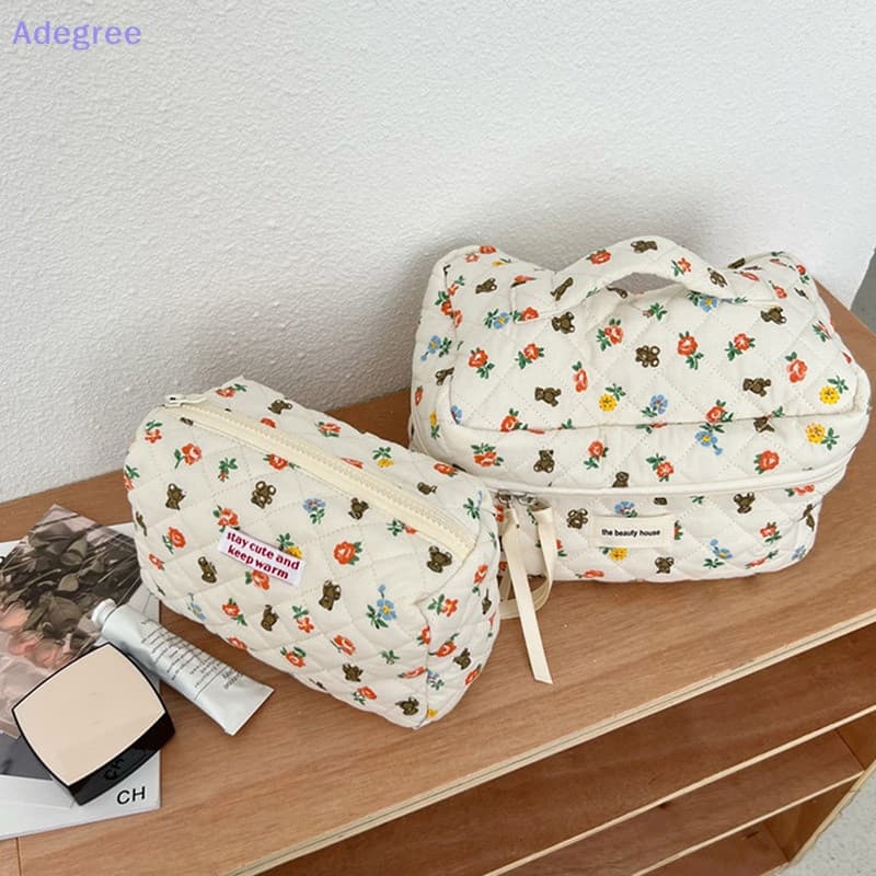 Adegree Ins Cosmetic Bag Saco De Cosmética Algodão Acolchoado Com Flor De Urso Grande Zíper Design Flip Tote Viagem Maqu