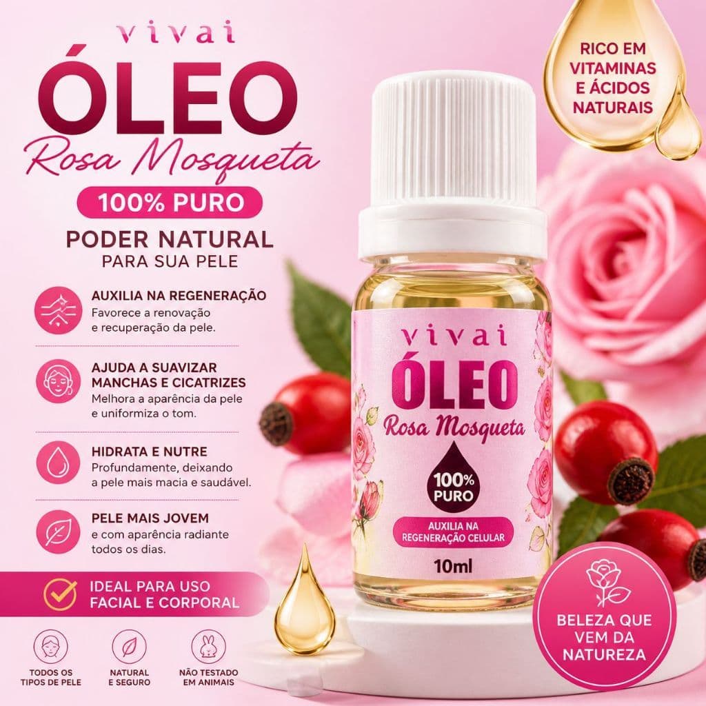 Óleo de Rosa Mosqueta 100% Puro 10ml Vivai Regeneração da Pele Manchas Hidratação Facial