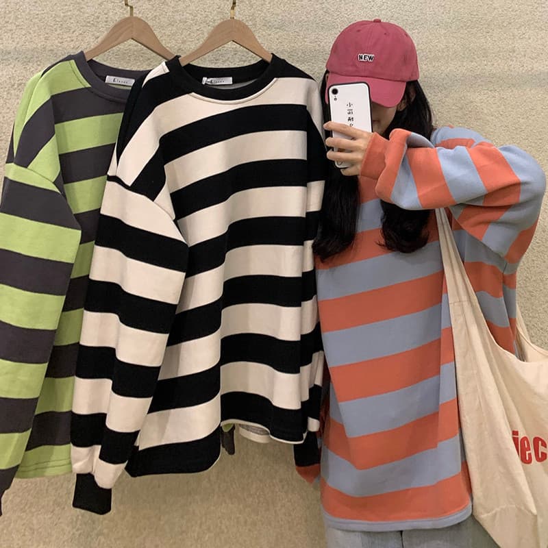 Xinyu americano Retro em torno do pescoço moletom feminino outono inverno listrado camisa de fundo estilo estudante Casu