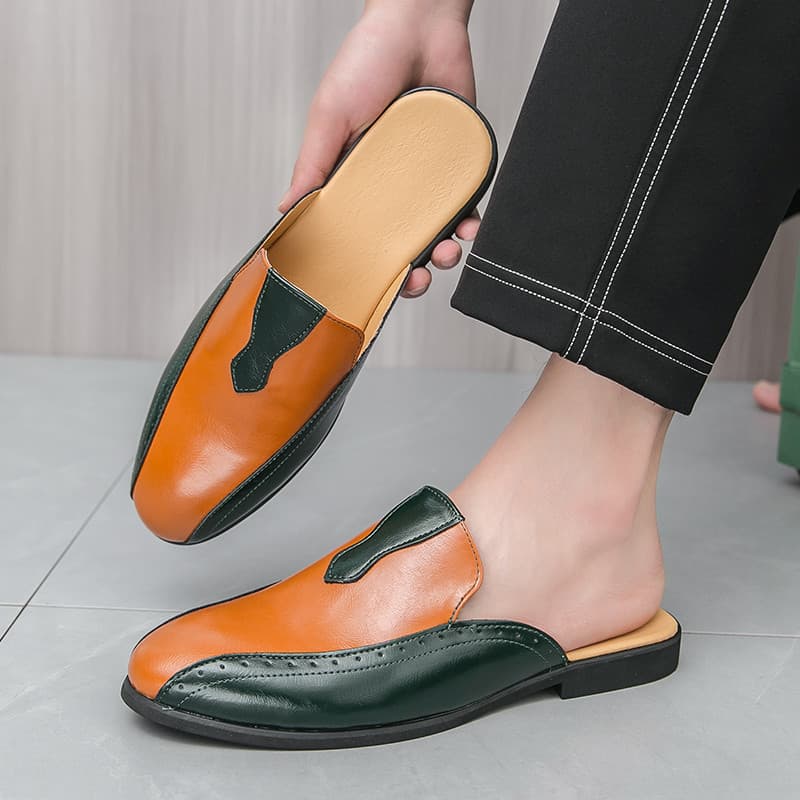Baotou meia chinelos masculinos na moda sapatos de couro casuais sem salto sandálias preguiçosas chinelos influenciador