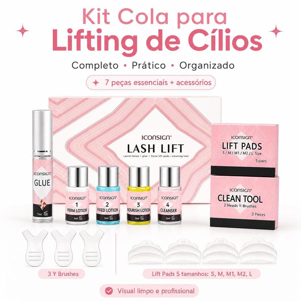 Kit ICONSIGN para Lifting de Cílios com Cola, 4 Loções, Pads em 5 Tamanhos e Escovas Y – Kit Completo para Lash Lift