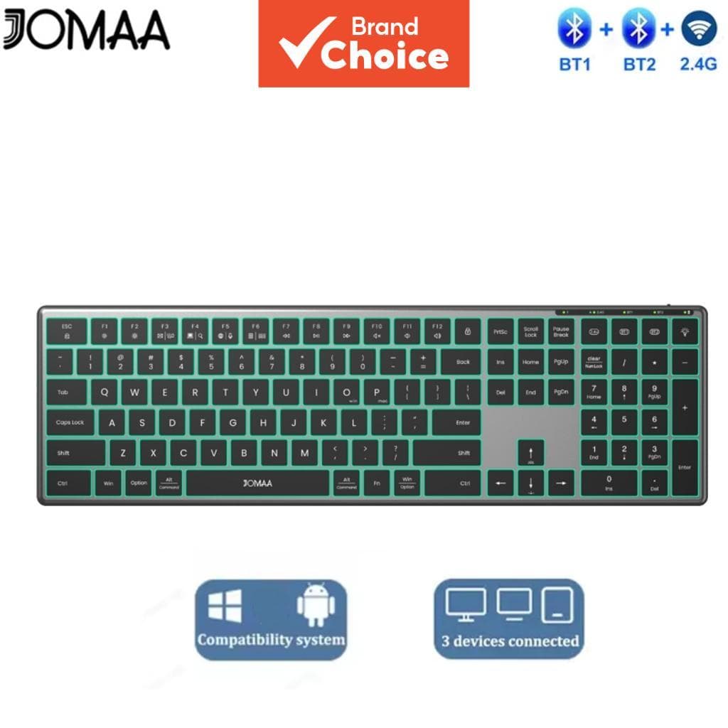 JOMAA Teclado sem fio RGB colorido de liga de alumínio, conexão dupla Bluetooth + 2.4G, recarregável, compatível com