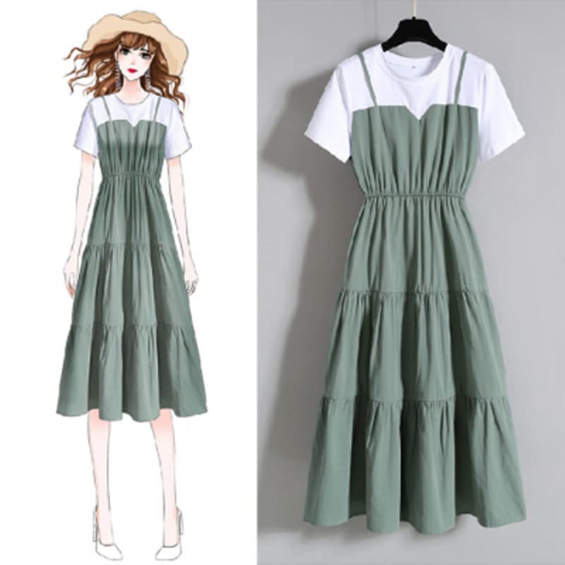 Plus Size roupas femininas moda estilingue falso de duas peças saia longa verão irmã gorda cintura estreita mais magro o
