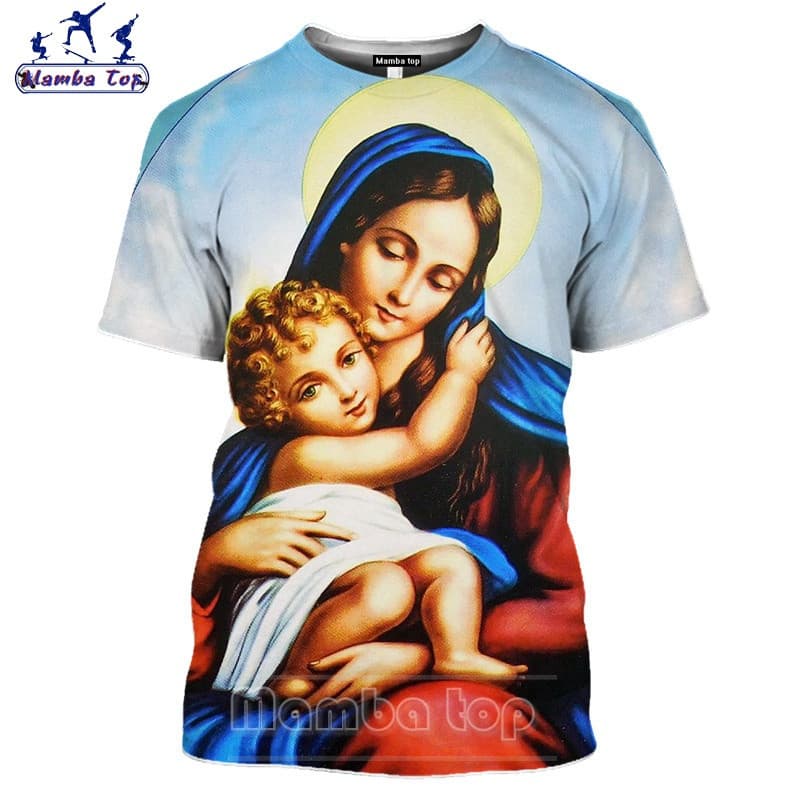 Mamba Topo Verão Masculino Camiseta Feminina Streetwear Impressão 3D Jesus Mãe Virgem Maria T Camisa Bíblia Fantasia Mur