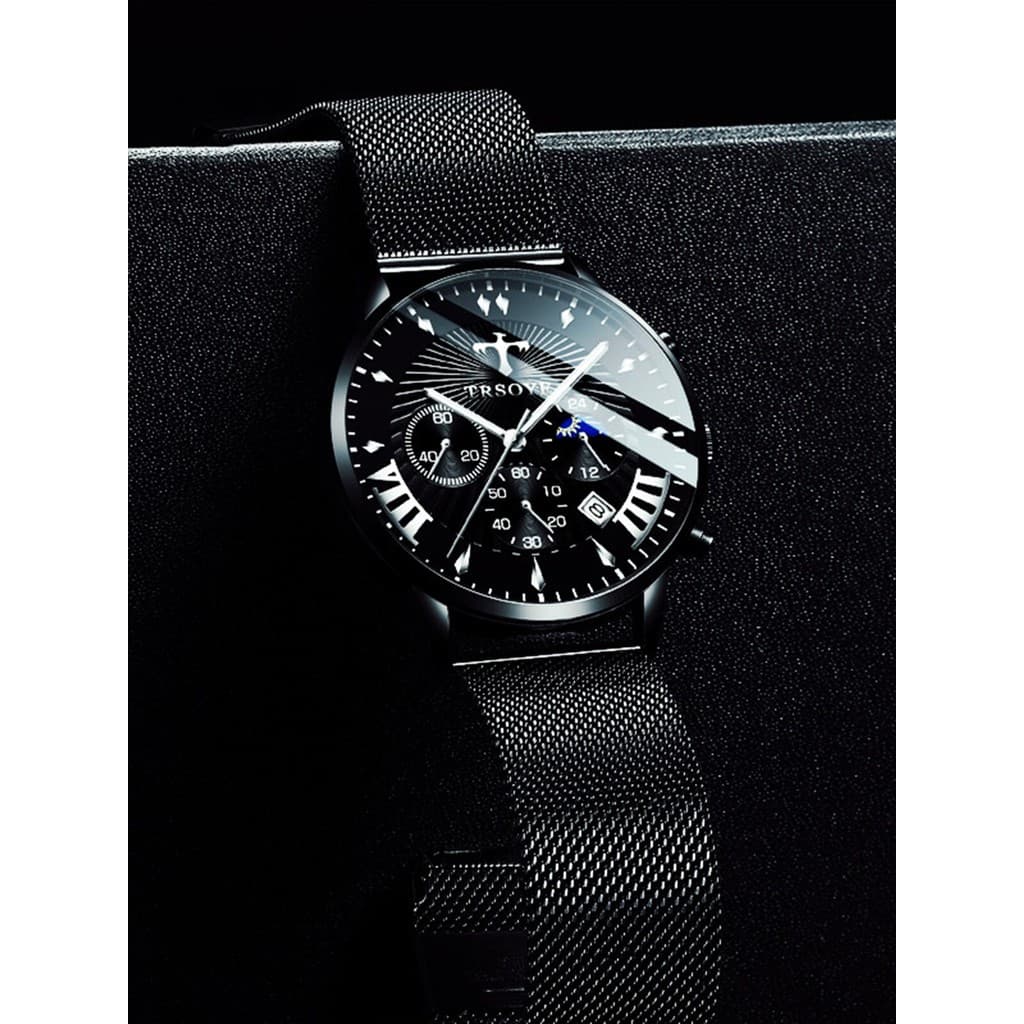 Multifuncional cronômetro cronógrafo calendário luminoso à prova dwaterproof água relógio masculino sol lua estrela pret