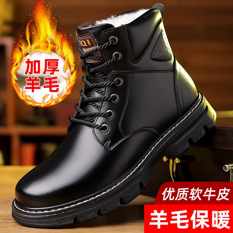 Sapatos de cano alto masculinos de couro genuíno à prova de frio sapatos de algodão masculino inverno quente forro de lã