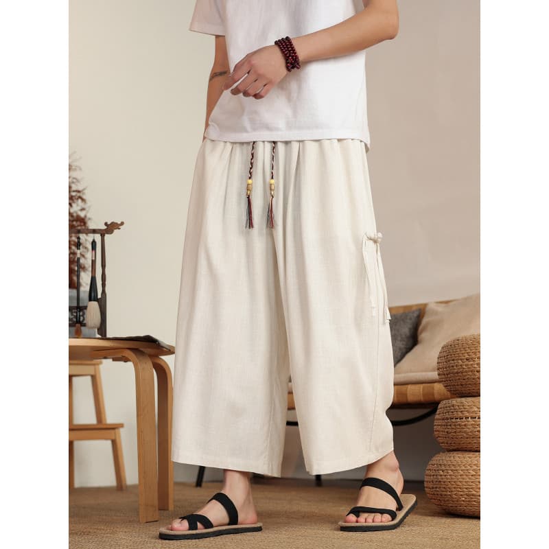 Calças cortadas masculinas estilo chinês verão linho fino calças retas Retro solto calças de perna larga tamanho grande