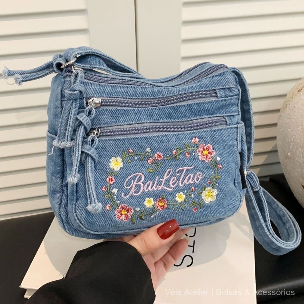 Bolsa Transversal Feminina Jeans Casual com Zíper de Ombro para Praia e Uso Diário