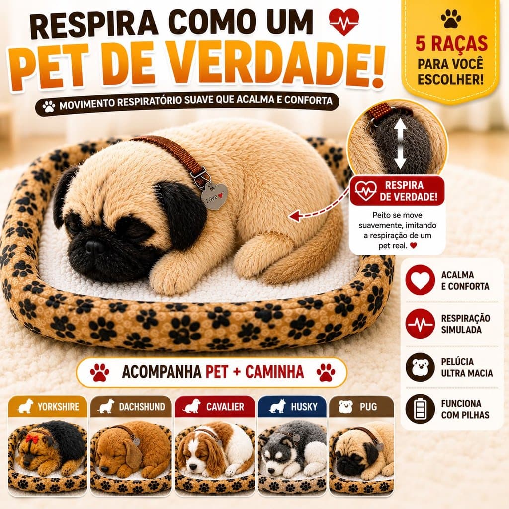 Cachorro Que Respira Pelúcia Pet Respirando Dormindo Anti Ansiedade Acompanha Caminha 5 Raças Realista