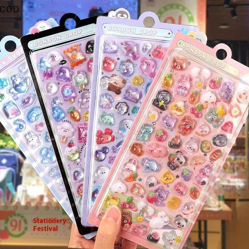 [QYA] 4 Folhas De Desenho Animado Animal Fantasma Coelho Decalques Estéticos 3D Relevo Gelatina Stiers Faça Você Mesmo C