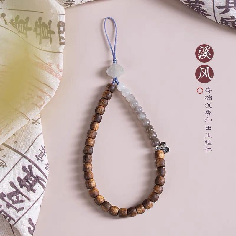 Corrente para Telefone de Agarwood Natural de Qinan em Roxo Fumê, Pingente de Pulso Feminino Requintado de Alta Qualidad