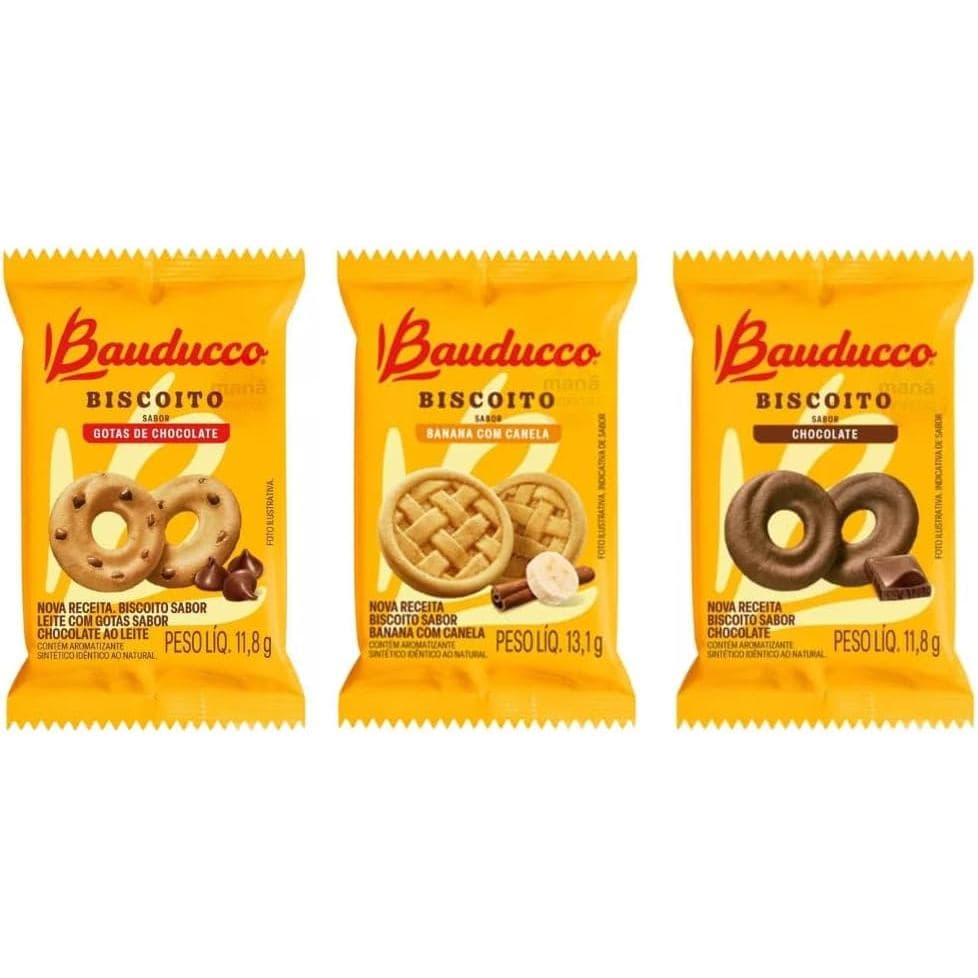 Kit 100 Biscoito Amanteigado Sache Bauducco Sabores (Gotas, Banana com Canela,Chocolate)