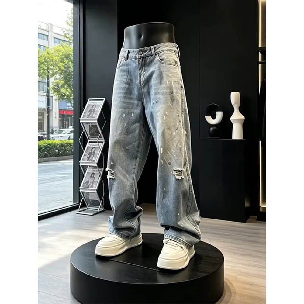 Verão novo estilo azul rasgado pintura Dot Machete calças homens lavado angustiado em linha reta americano Casual All-Ma