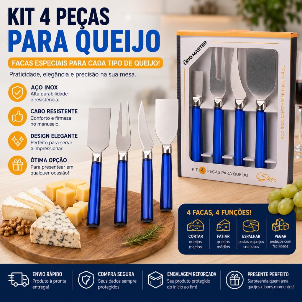 Kit Facas para Queijo em Aço Inox 4 Peças | Cabo Azul | Utensílios para Servir Queijos e Frios