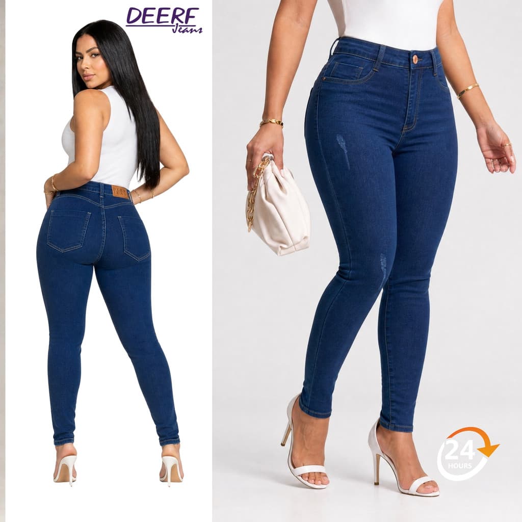 Calça Jeans Levanta Bumbum Feminina Azul Marinho Skinny Cintura Alta cm Lycra Premium