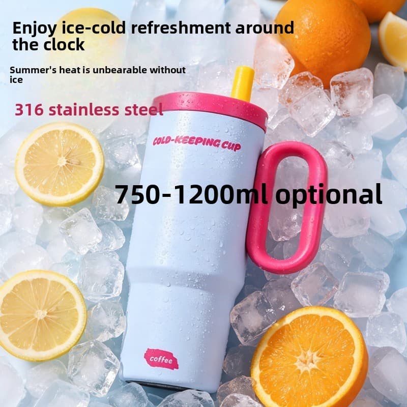 Copo mestre de gelo de grande capacidade em aço inoxidável 316 1200ml com alça Copo de água de palha para carro ao ar li