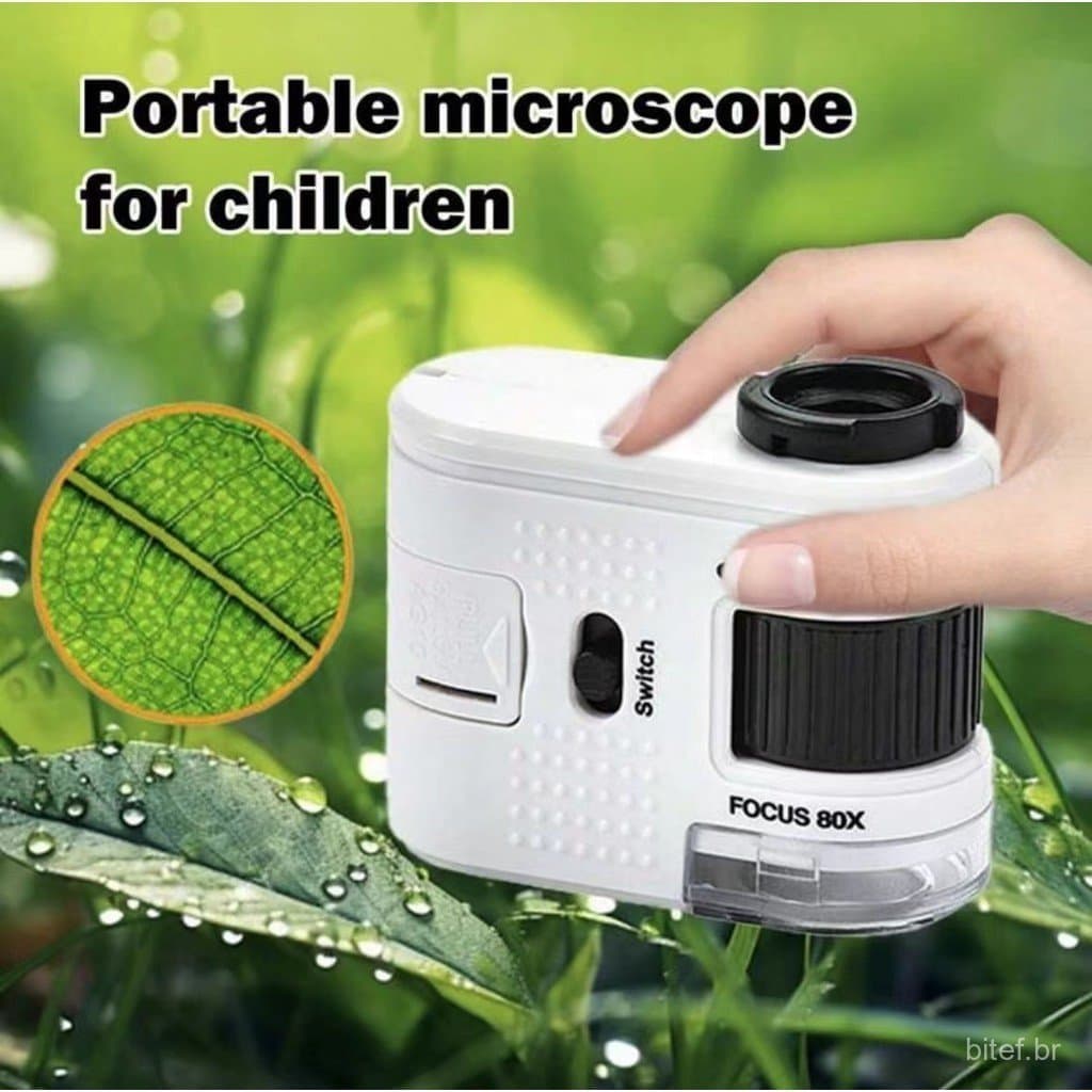 Microscópio educacional de bolso 80 vezes, iluminação LED, Mini celular portátil e exploração científica - &- *