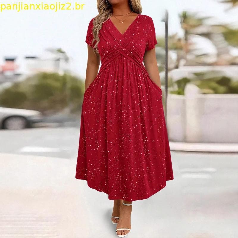 Cross-Border novo estilo de cintura estreita elegante aspersão espumante torção com bolso vestido com decote em V