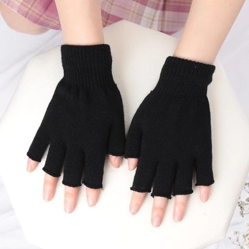 1Pair Unisex Black Half Finger Fingerless Gloves for Women and Men Wool Knit Wrist Cotton Winter Warm Work Mittens HHBRA